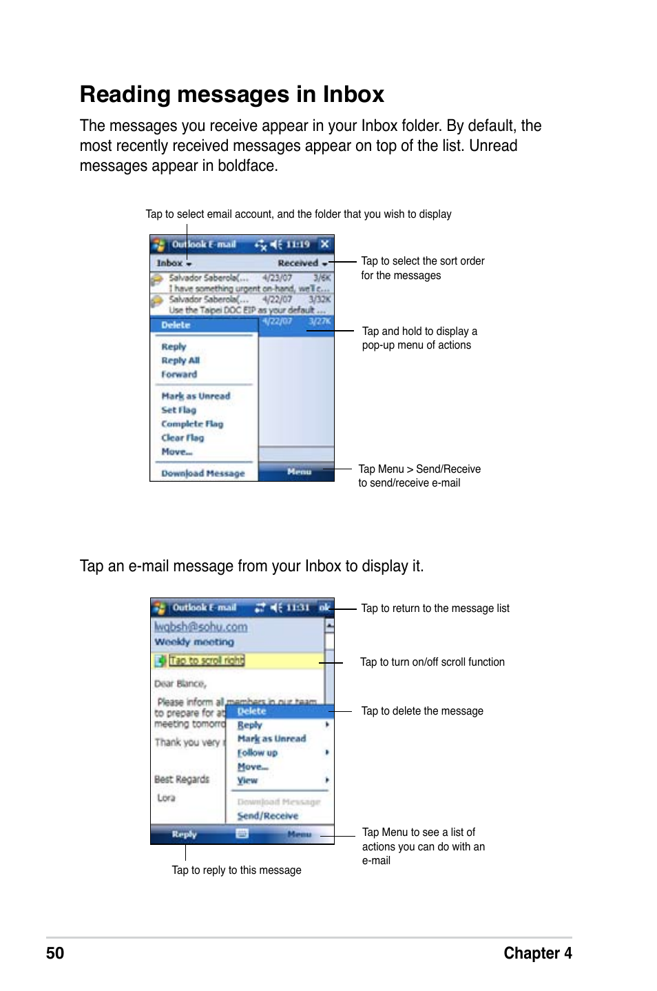 Reading messages in inbox, 50 chapter 4 | Asus MyPal A639 User Manual | Page 56 / 106