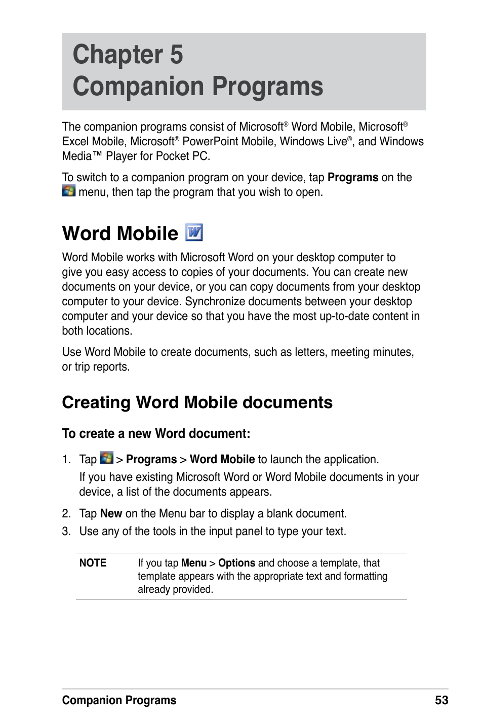 Chapter 5 companion programs, Word mobile, Creating word mobile documents | Asus MyPal A639 User Manual | Page 59 / 106