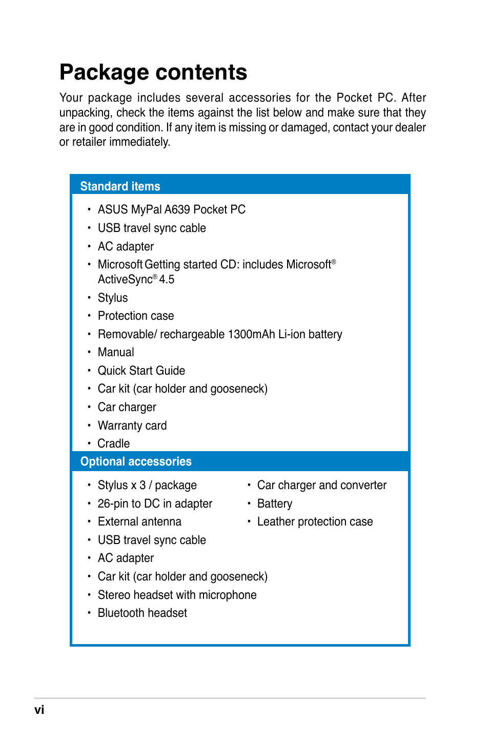 Package contents | Asus MyPal A639 User Manual | Page 6 / 106