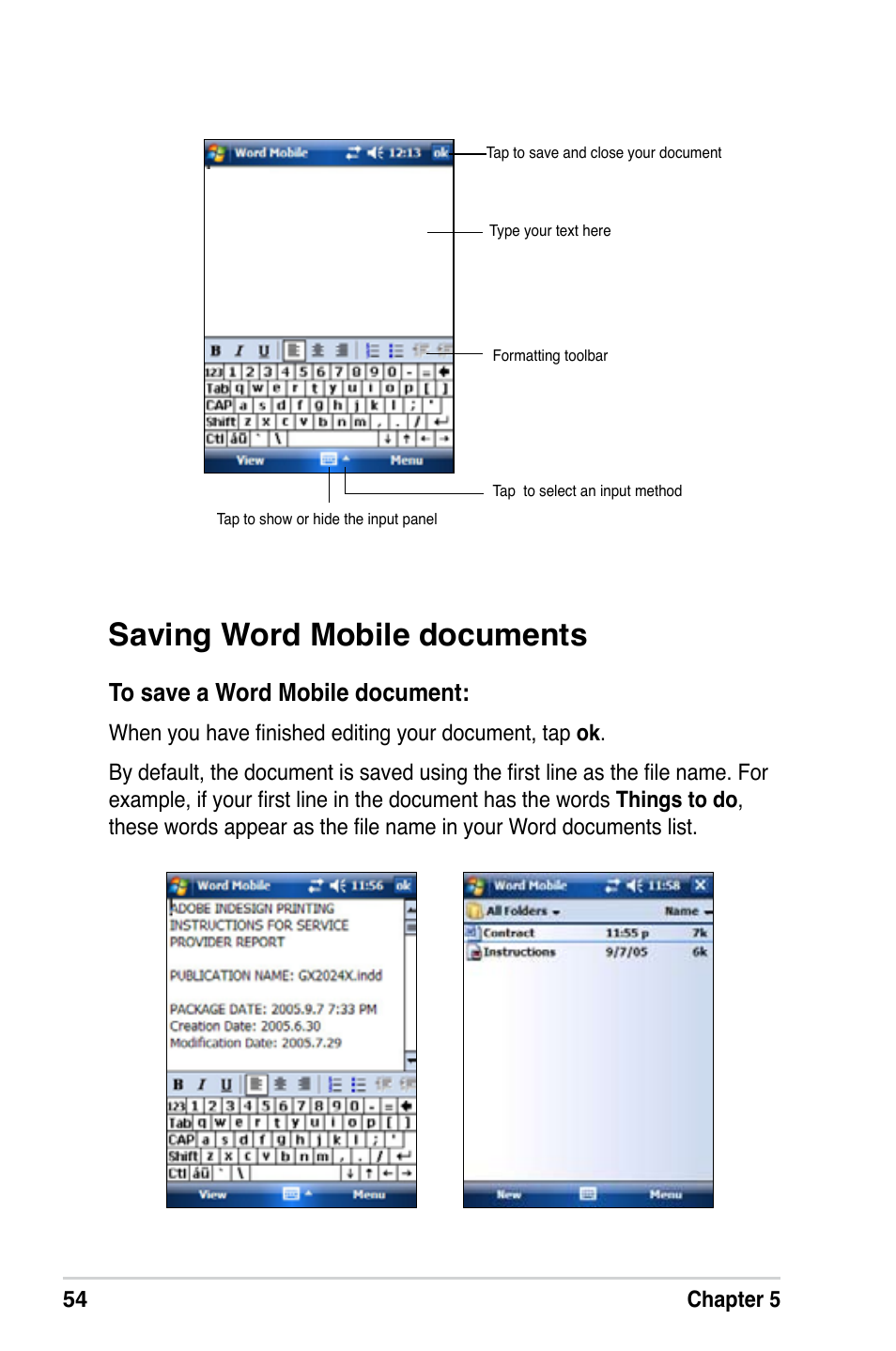Saving word mobile documents | Asus MyPal A639 User Manual | Page 60 / 106