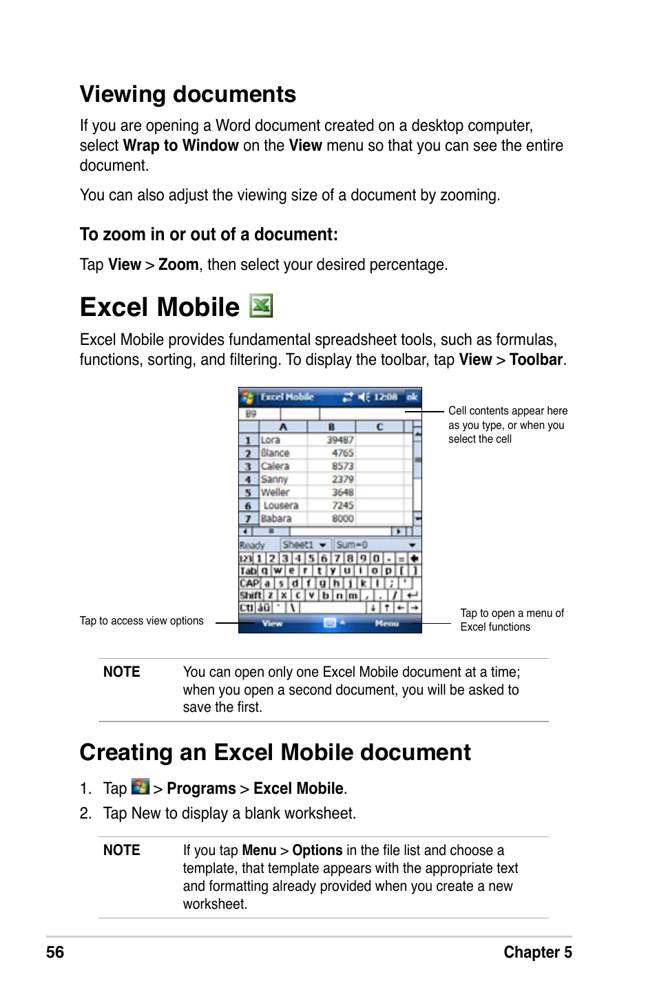 Excel mobile, Viewing documents, Creating an excel mobile document | Asus MyPal A639 User Manual | Page 62 / 106