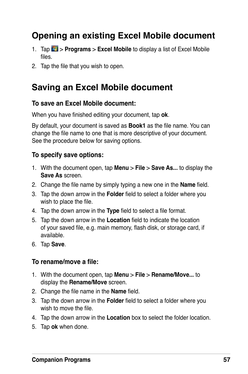 Opening an existing excel mobile document, Saving an excel mobile document | Asus MyPal A639 User Manual | Page 63 / 106
