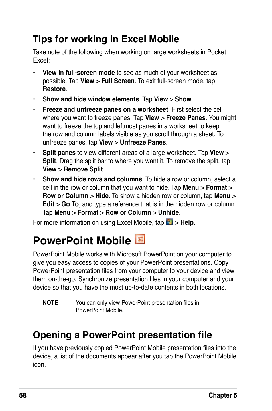 Powerpoint mobile, Tips for working in excel mobile, Opening a powerpoint presentation file | Asus MyPal A639 User Manual | Page 64 / 106