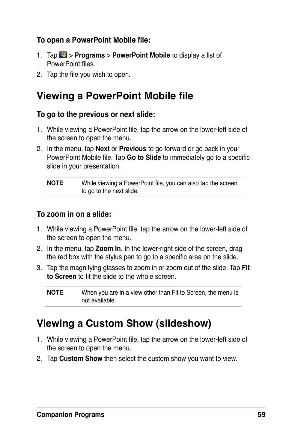 Viewing a powerpoint mobile file, Viewing a custom show (slideshow) | Asus MyPal A639 User Manual | Page 65 / 106