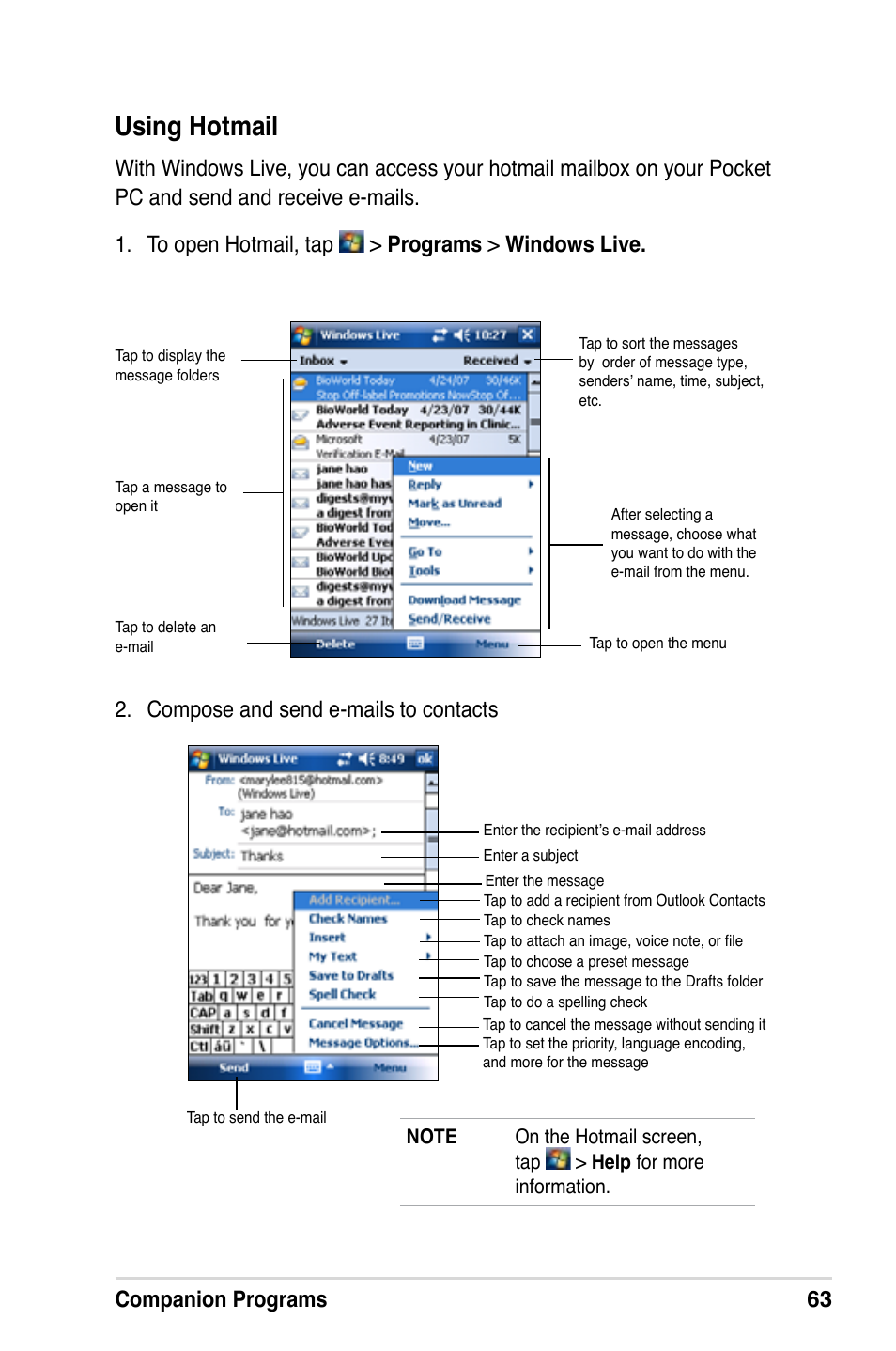 Using hotmail, Companion programs 63, Compose and send e-mails to contacts | Asus MyPal A639 User Manual | Page 69 / 106