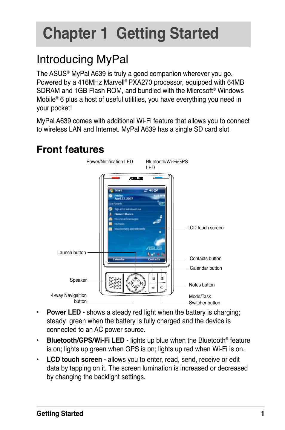 Chapter 1 getting started, Introducing mypal, Front features | Asus MyPal A639 User Manual | Page 7 / 106