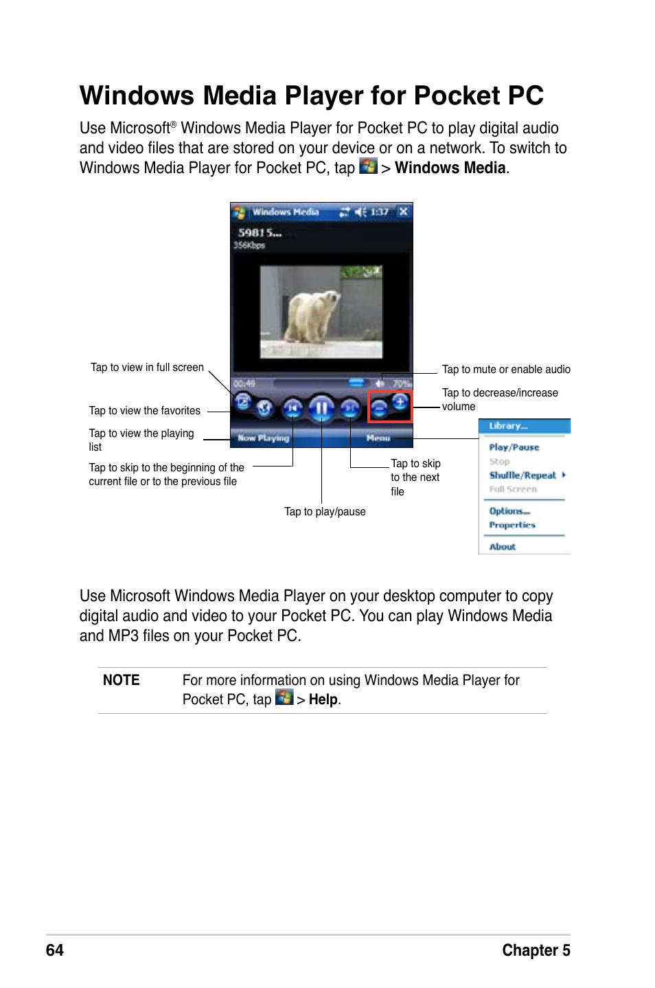 Windows media player for pocket pc, 64 chapter 5, Use microsoft | Asus MyPal A639 User Manual | Page 70 / 106