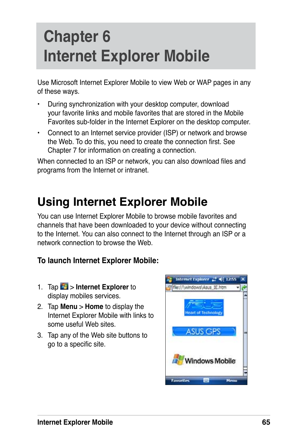 Chapter 6 internet explorer mobile, Using internet explorer mobile | Asus MyPal A639 User Manual | Page 71 / 106