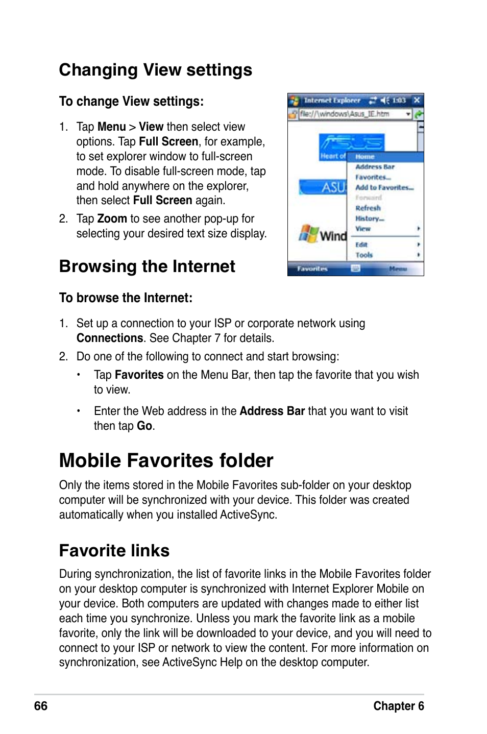 Mobile favorites folder, Favorite links, Changing view settings | Browsing the internet | Asus MyPal A639 User Manual | Page 72 / 106
