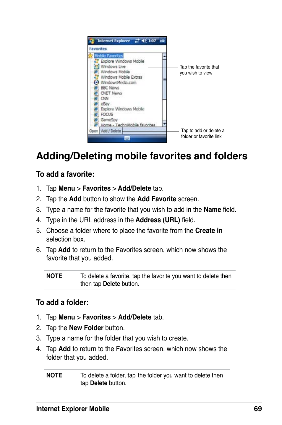 Adding/deleting mobile favorites and folders | Asus MyPal A639 User Manual | Page 75 / 106
