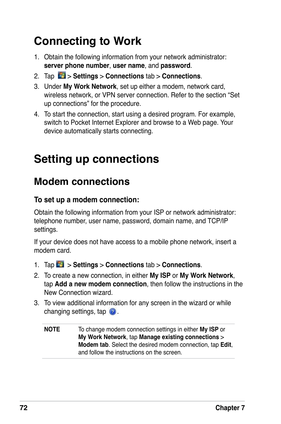 Connecting to work, Setting up connections, Modem connections | Asus MyPal A639 User Manual | Page 78 / 106