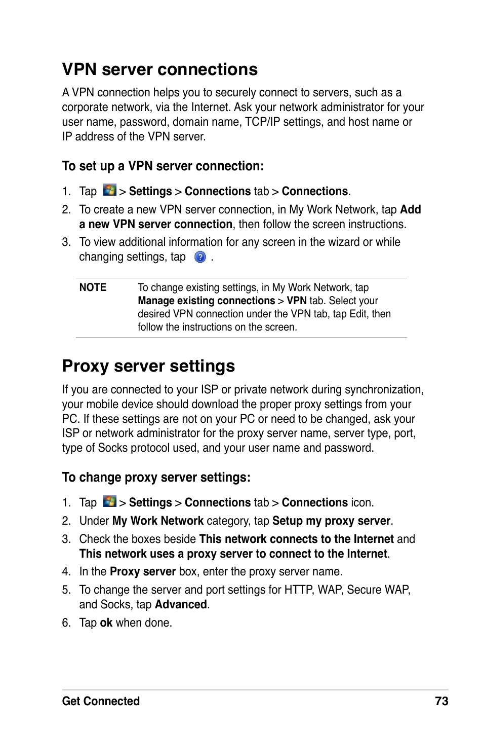 Vpn server connections, Proxy server settings | Asus MyPal A639 User Manual | Page 79 / 106
