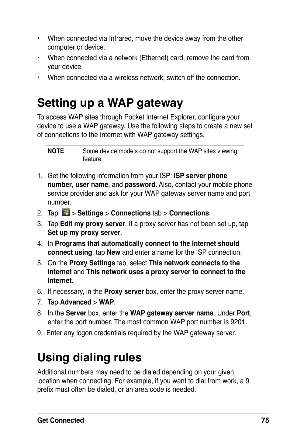 Setting up a wap gateway, Using dialing rules | Asus MyPal A639 User Manual | Page 81 / 106