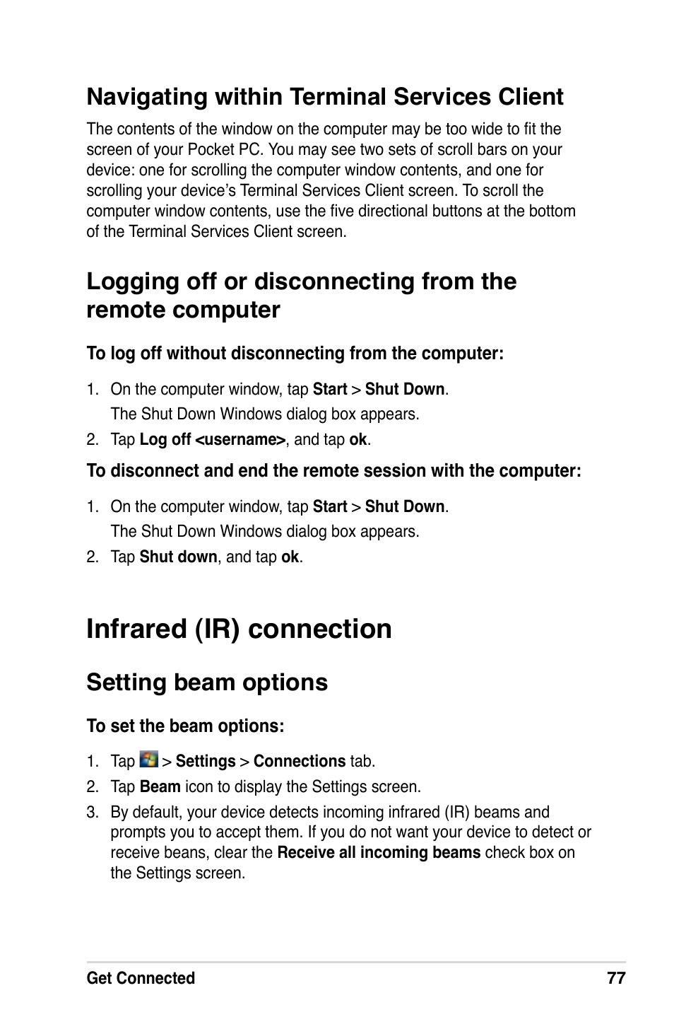 Infrared (ir) connection, Navigating within terminal services client, Setting beam options | Asus MyPal A639 User Manual | Page 83 / 106