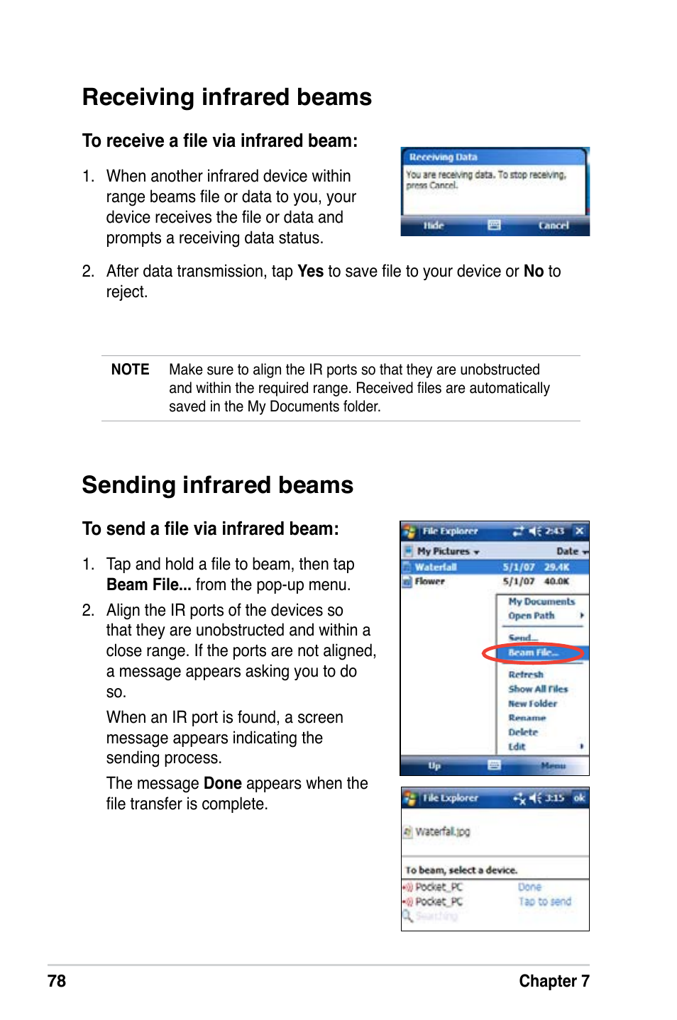 Sending infrared beams, Receiving infrared beams | Asus MyPal A639 User Manual | Page 84 / 106