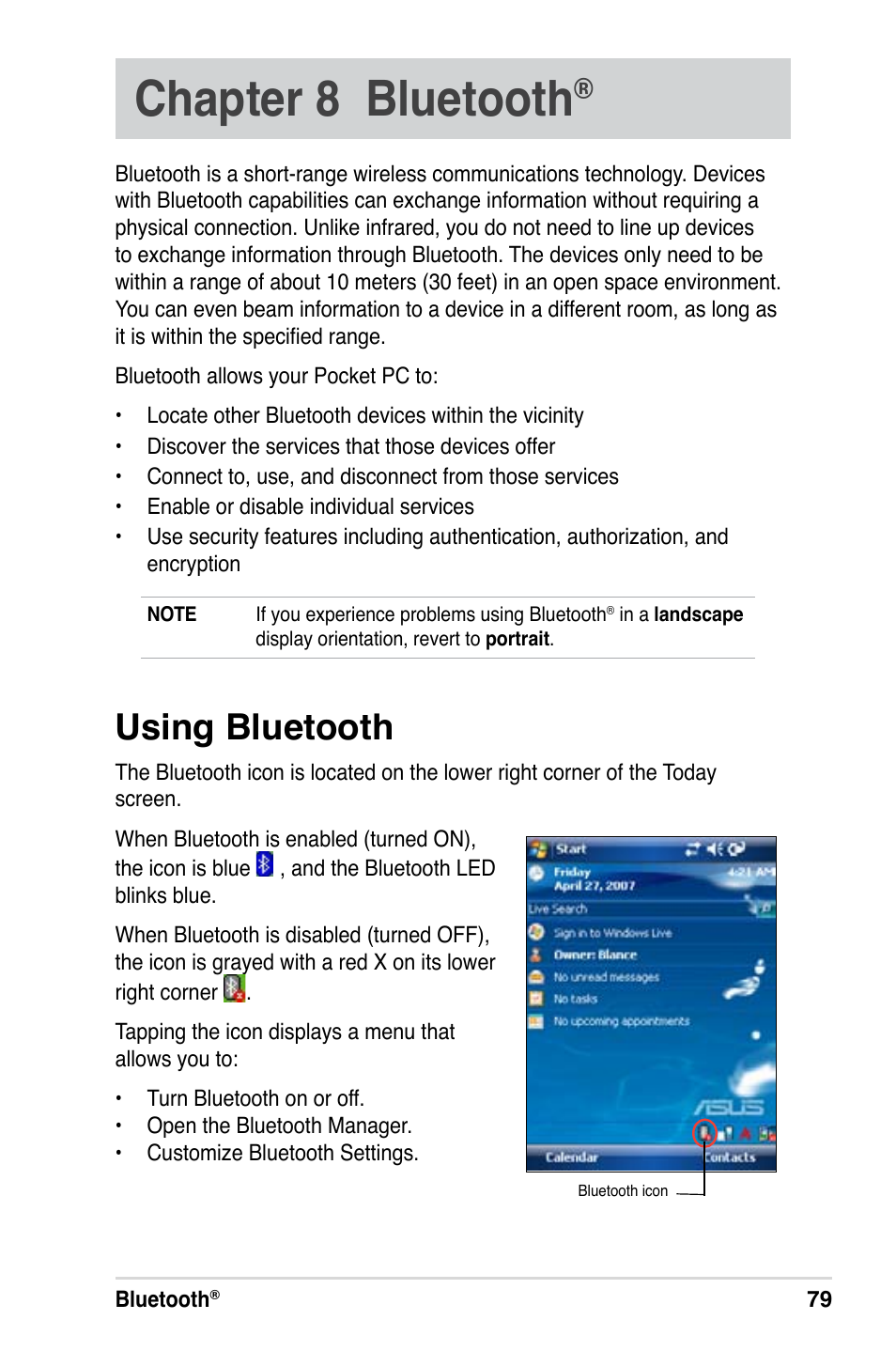 Chapter 8 bluetooth, Using bluetooth | Asus MyPal A639 User Manual | Page 85 / 106