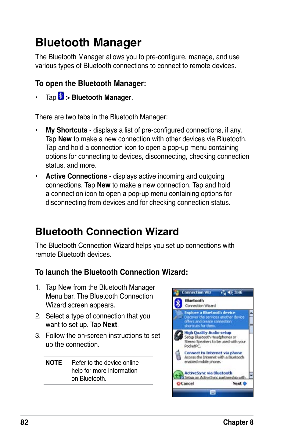 Bluetooth manager, Bluetooth connection wizard | Asus MyPal A639 User Manual | Page 88 / 106