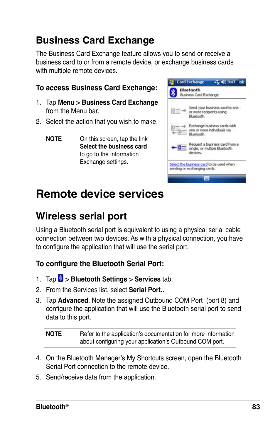 Remote device services, Business card exchange, Wireless serial port | Asus MyPal A639 User Manual | Page 89 / 106