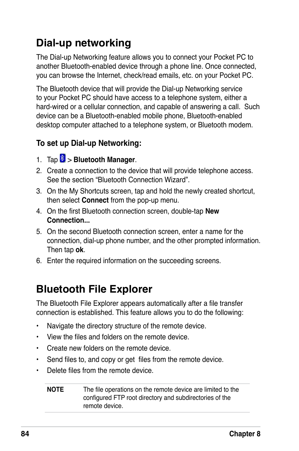 Dial-up networking, Bluetooth file explorer | Asus MyPal A639 User Manual | Page 90 / 106