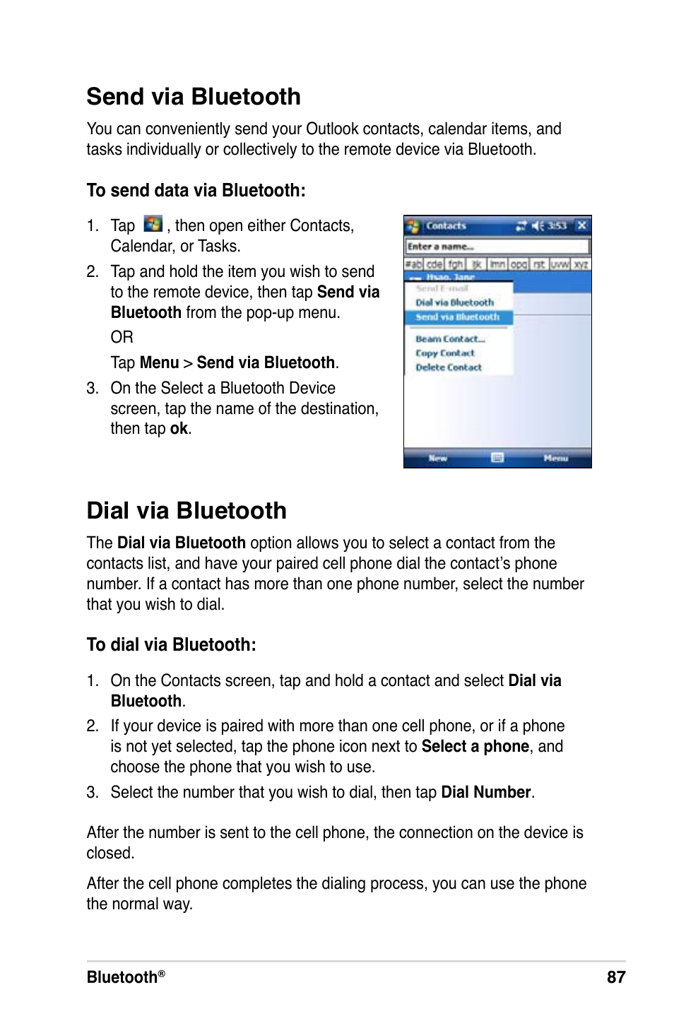 Dial via bluetooth, Send via bluetooth | Asus MyPal A639 User Manual | Page 93 / 106
