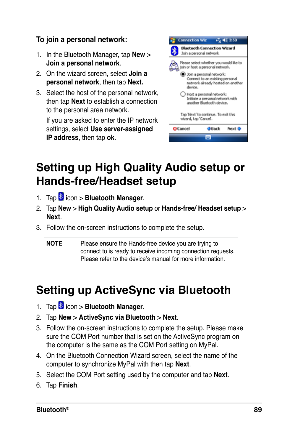 Setting up activesync via bluetooth | Asus MyPal A639 User Manual | Page 95 / 106