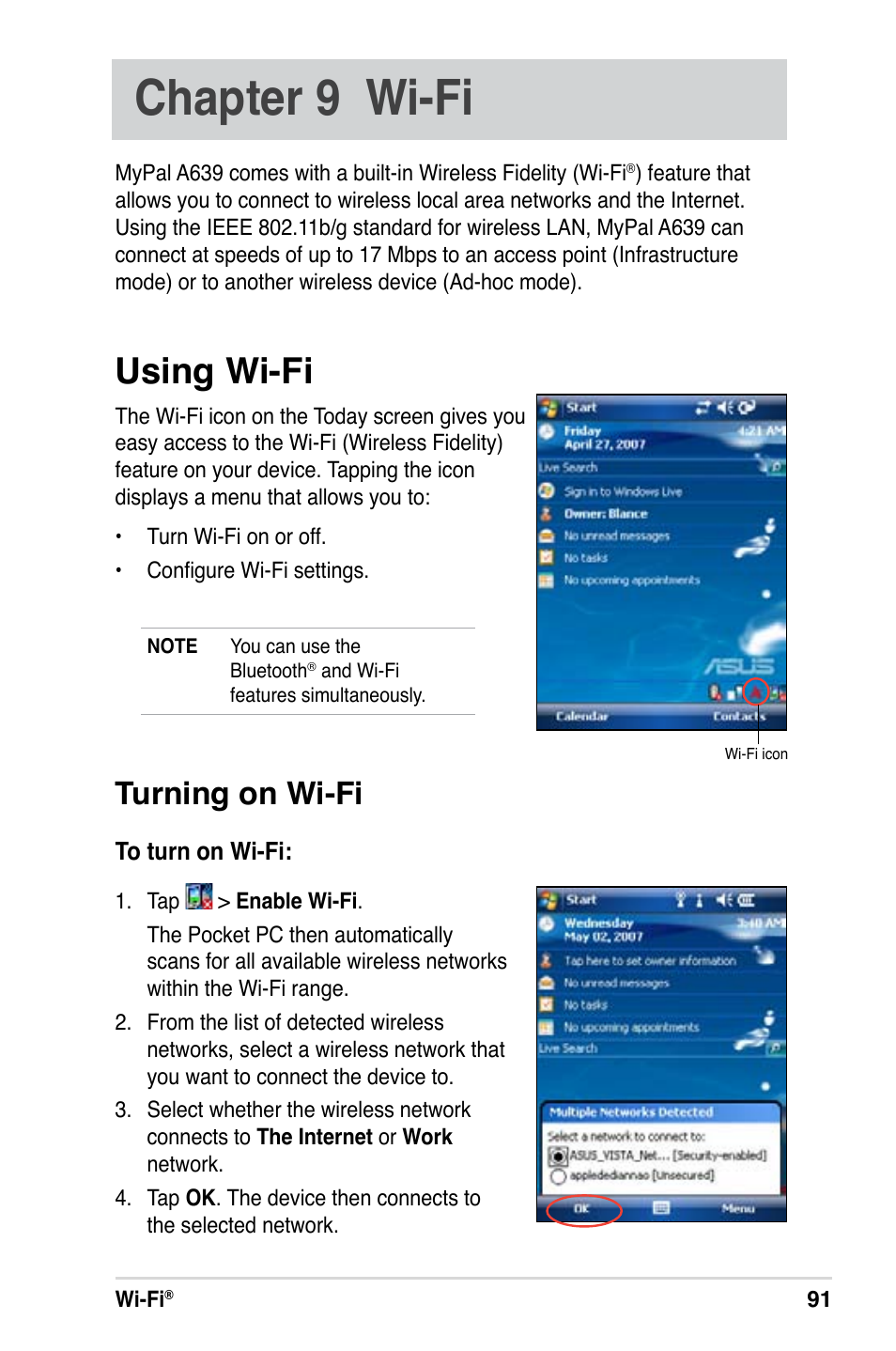 Chapter 9 wi-fi, Using wi-fi, Turning on wi-fi | Asus MyPal A639 User Manual | Page 97 / 106