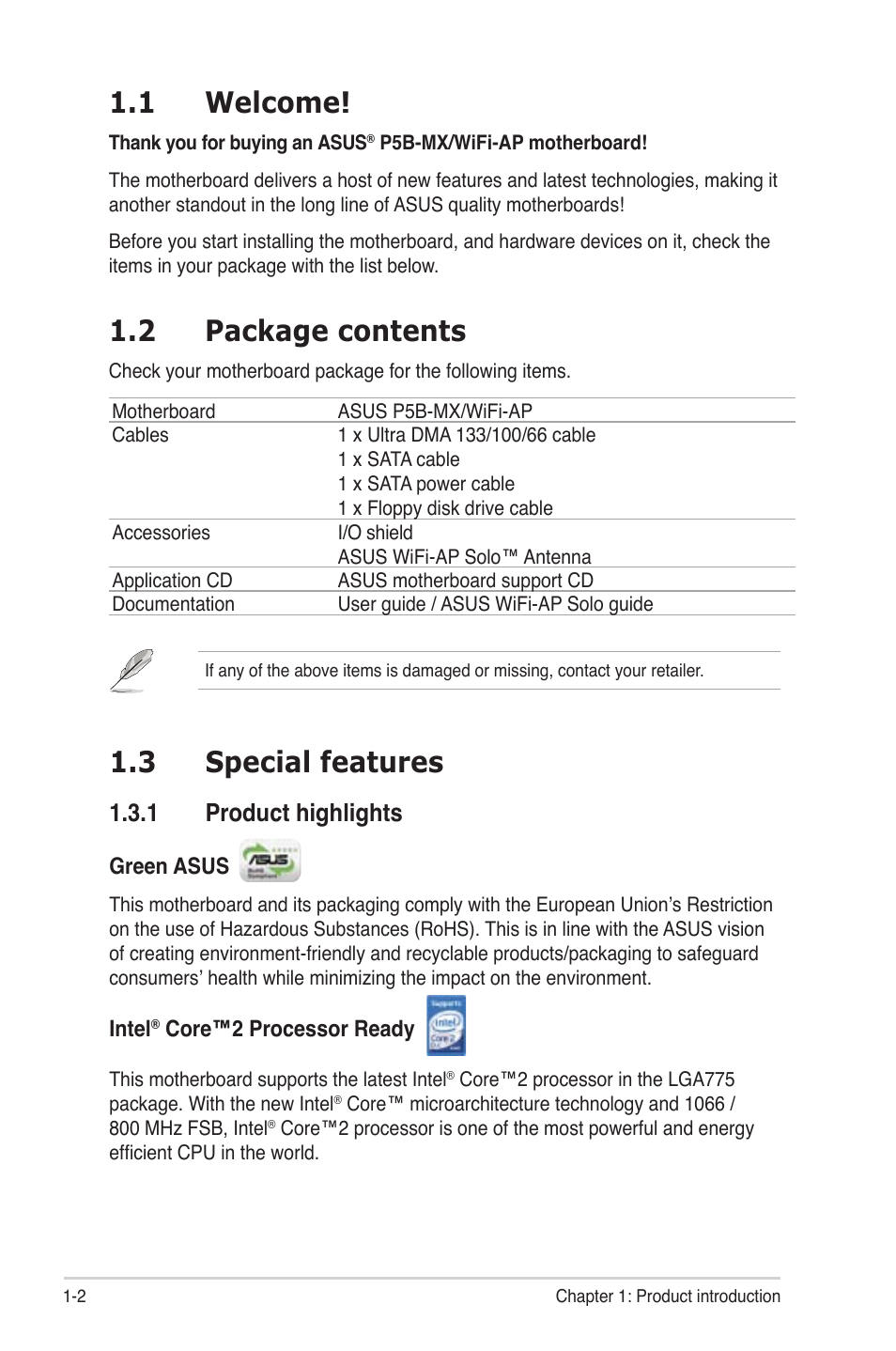 1 welcome, 2 package contents, 3 special features | 1 product highlights | Asus P5B-MX/WIFI-AP User Manual | Page 14 / 94