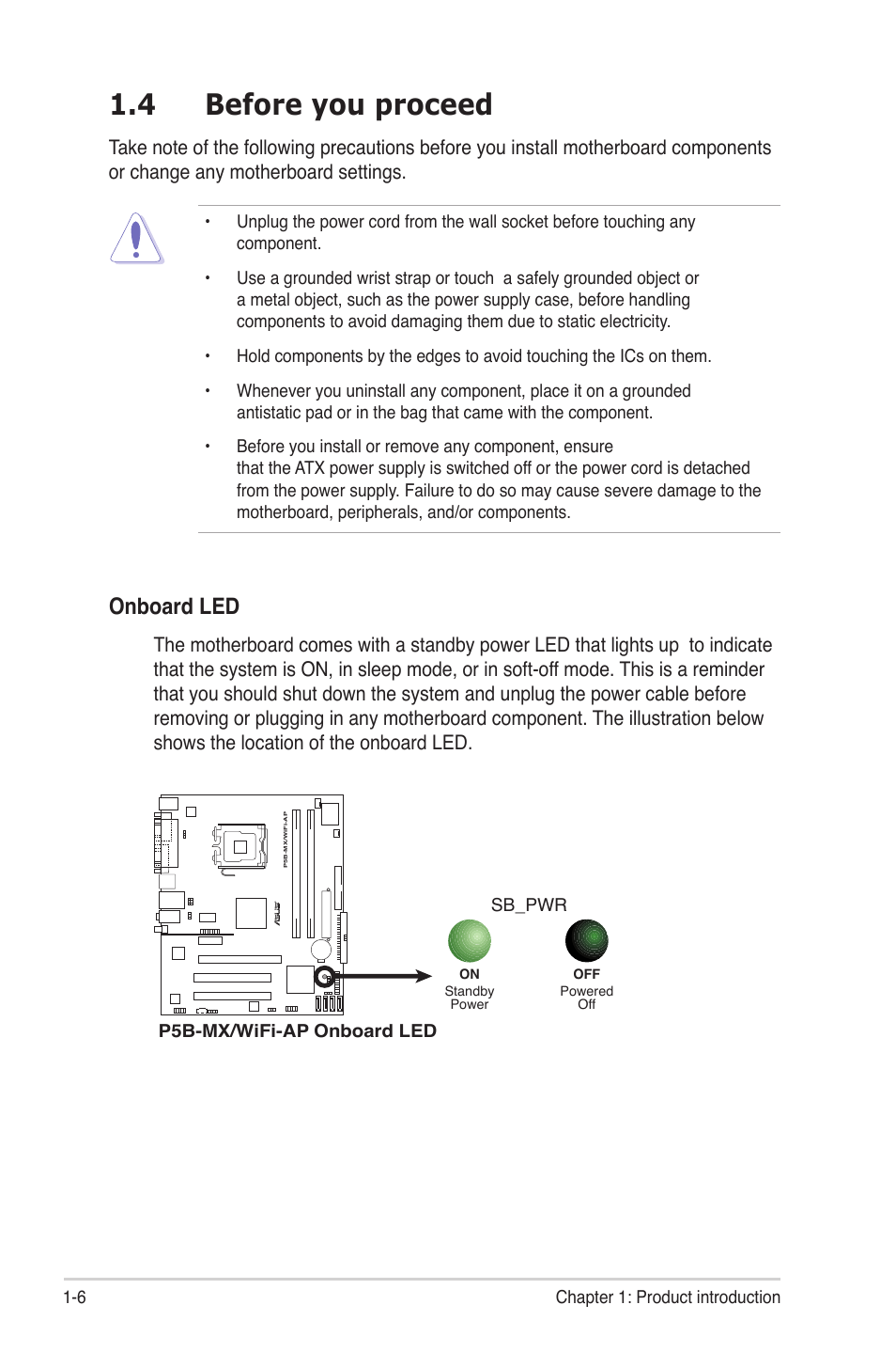 4 before you proceed, Onboard led | Asus P5B-MX/WIFI-AP User Manual | Page 18 / 94