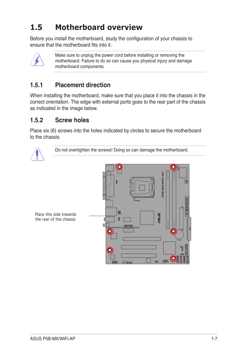 5 motherboard overview, 1 placement direction, 2 screw holes | Asus P5B-MX/WIFI-AP User Manual | Page 19 / 94