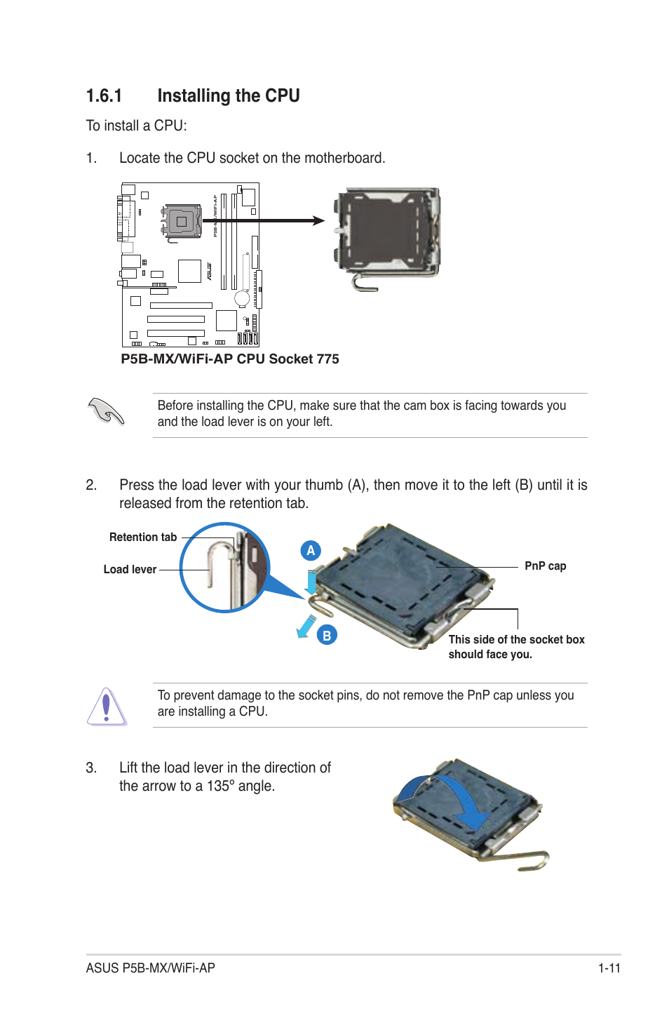 1 installing the cpu, Asus p5b-mx/wifi-ap 1-11, P5b-mx/wifi-ap cpu socket 775 | Asus P5B-MX/WIFI-AP User Manual | Page 23 / 94