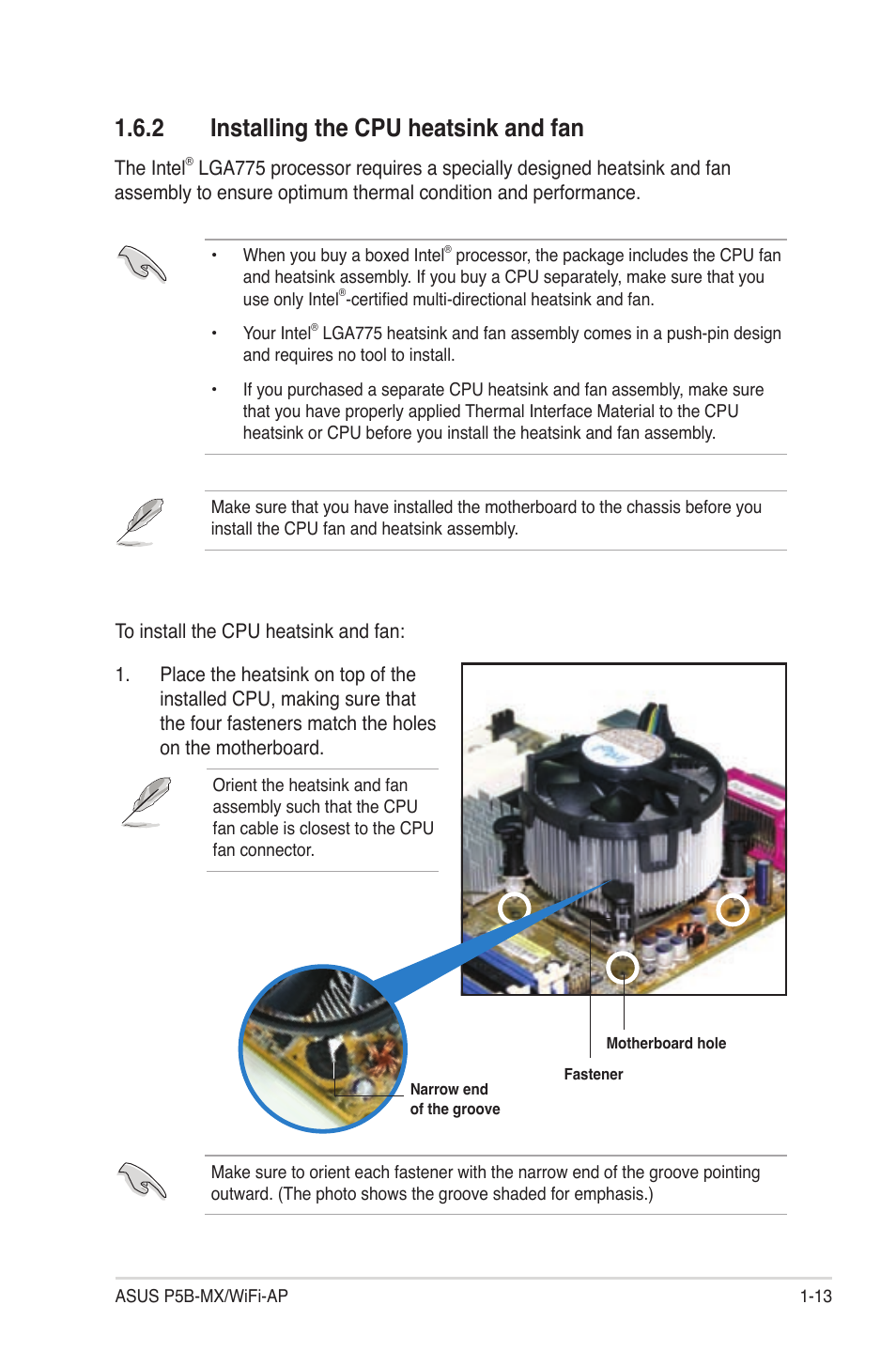 2 installing the cpu heatsink and fan | Asus P5B-MX/WIFI-AP User Manual | Page 25 / 94