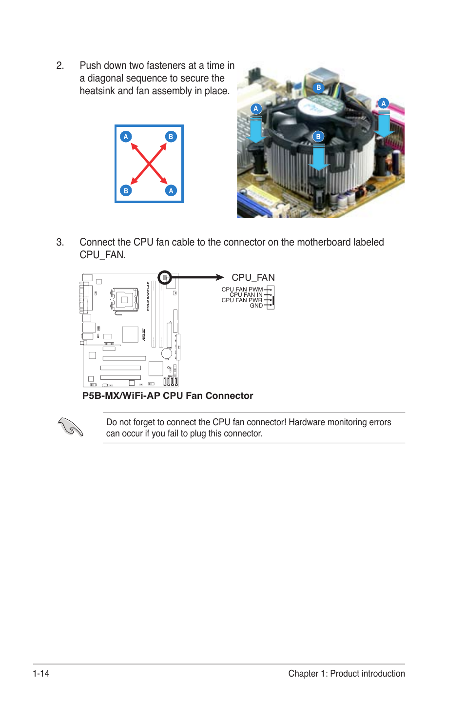 14 chapter 1: product introduction, P5b-mx/wifi-ap cpu fan connector cpu_fan | Asus P5B-MX/WIFI-AP User Manual | Page 26 / 94