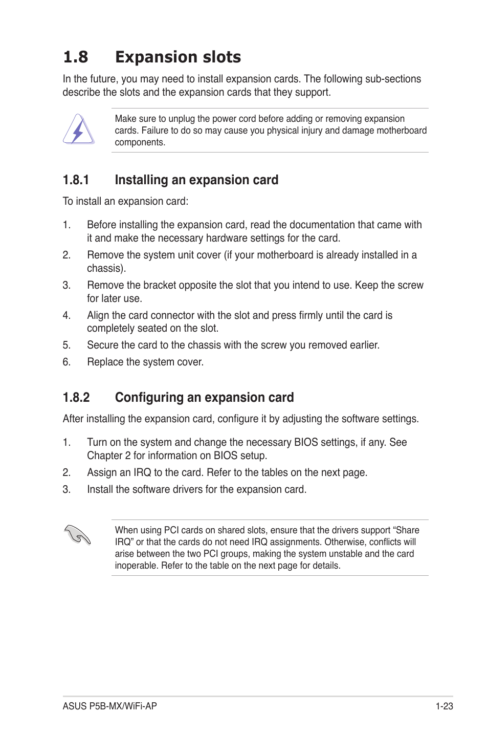 8 expansion slots, 1 installing an expansion card, 2 configuring an expansion card | Asus P5B-MX/WIFI-AP User Manual | Page 35 / 94