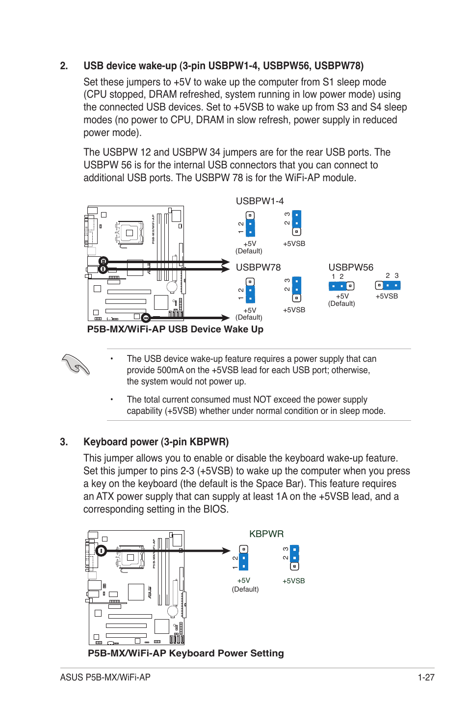 Asus p5b-mx/wifi-ap 1-27, P5b-mx/wifi-ap keyboard power setting, Kbpwr | P5b-mx/wifi-ap usb device wake up, Usbpw1-4, Usbpw78, Usbpw56 | Asus P5B-MX/WIFI-AP User Manual | Page 39 / 94