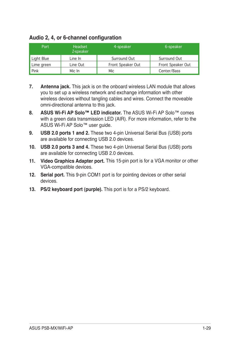 Audio 2, 4, or 6-channel configuration | Asus P5B-MX/WIFI-AP User Manual | Page 41 / 94