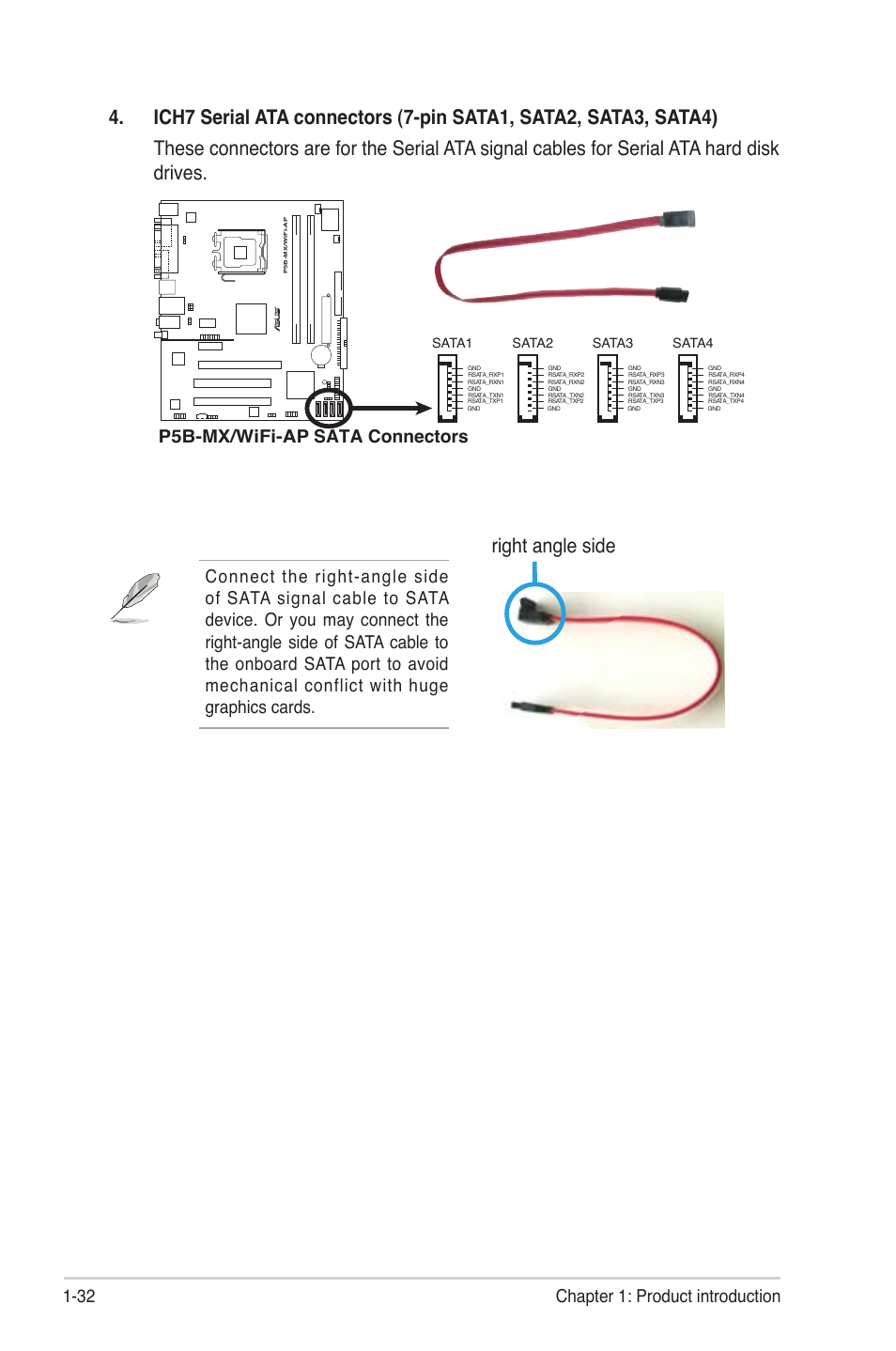 Right angle side, 32 chapter 1: product introduction, P5b-mx/wifi-ap sata connectors | Sata1, Sata2, Sata3, Sata4 | Asus P5B-MX/WIFI-AP User Manual | Page 44 / 94