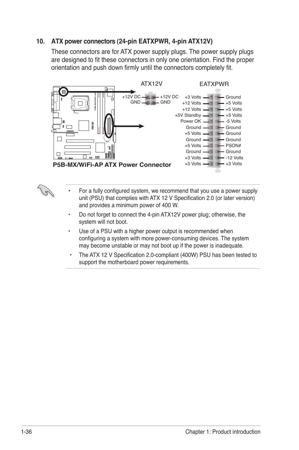 P5b-mx/wifi-ap atx power connector eatxpwr, Atx12v | Asus P5B-MX/WIFI-AP User Manual | Page 48 / 94