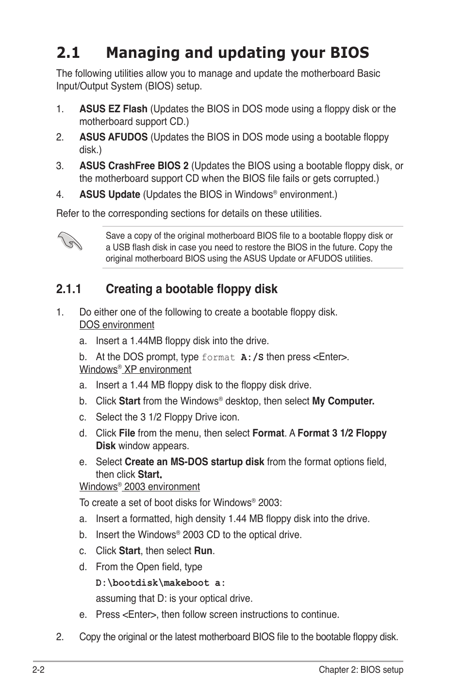 1 managing and updating your bios, 1 creating a bootable floppy disk | Asus P5B-MX/WIFI-AP User Manual | Page 52 / 94