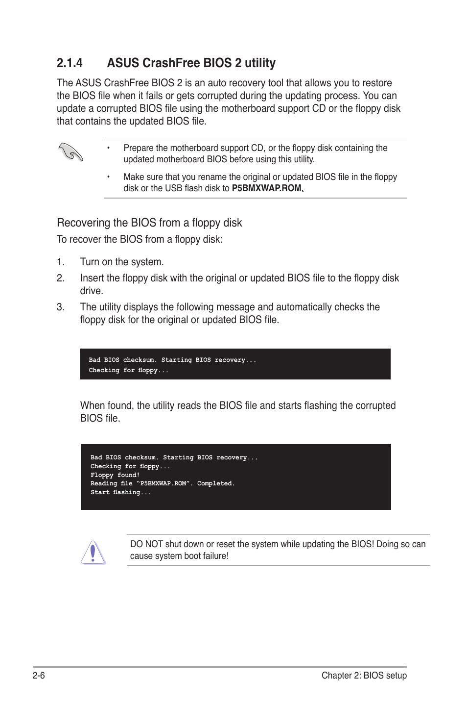 4 asus crashfree bios 2 utility, Recovering the bios from a floppy disk | Asus P5B-MX/WIFI-AP User Manual | Page 56 / 94