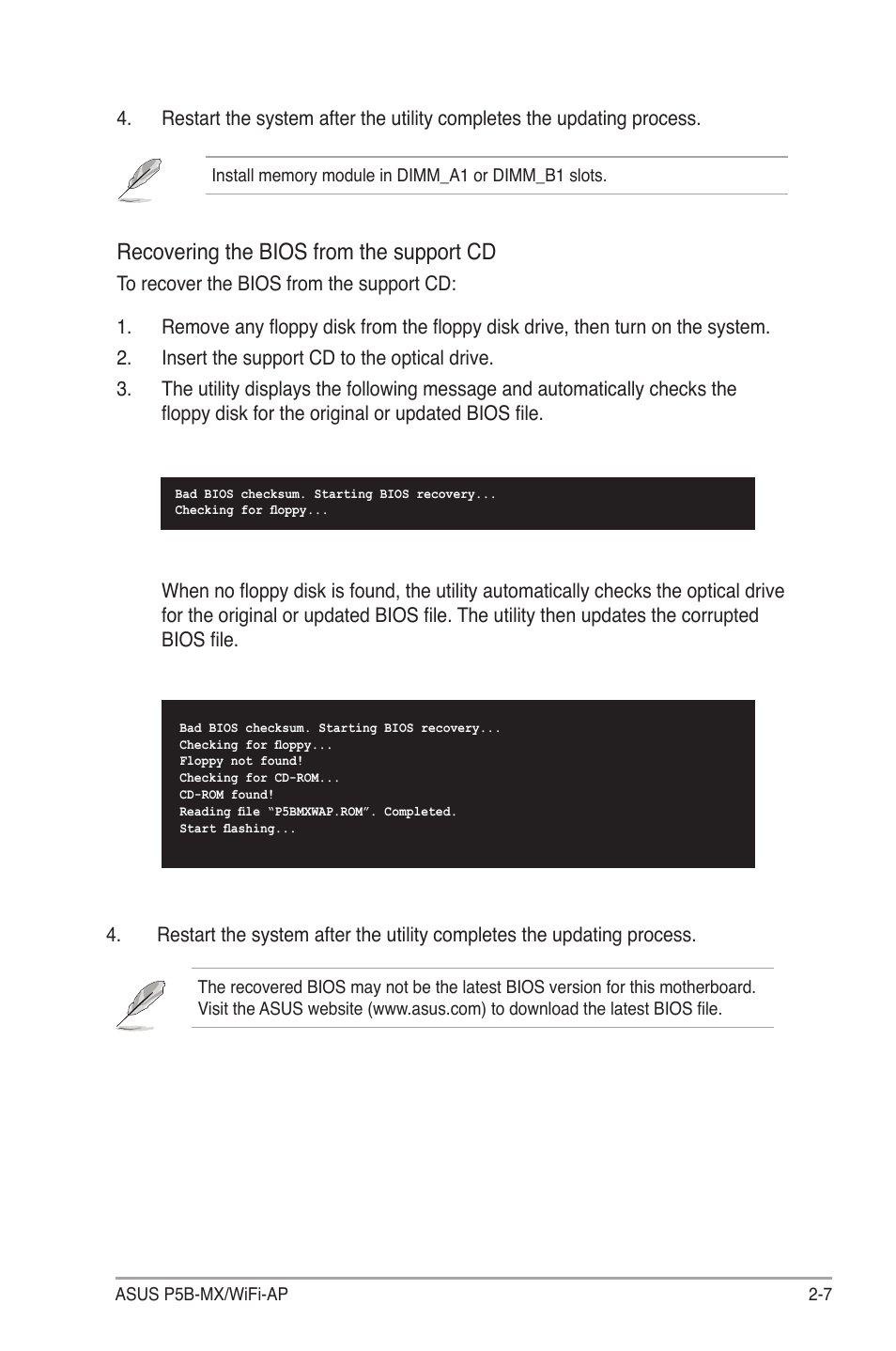 Recovering the bios from the support cd | Asus P5B-MX/WIFI-AP User Manual | Page 57 / 94