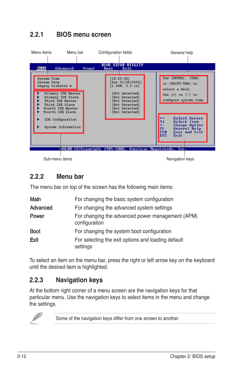 2 menu bar, 1 bios menu screen, 3 navigation keys | Asus P5B-MX/WIFI-AP User Manual | Page 62 / 94