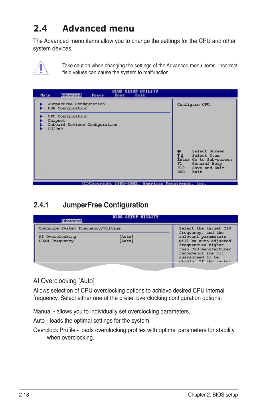 4 advanced menu, 1 jumperfree configuration, Ai overclocking [auto | Asus P5B-MX/WIFI-AP User Manual | Page 68 / 94