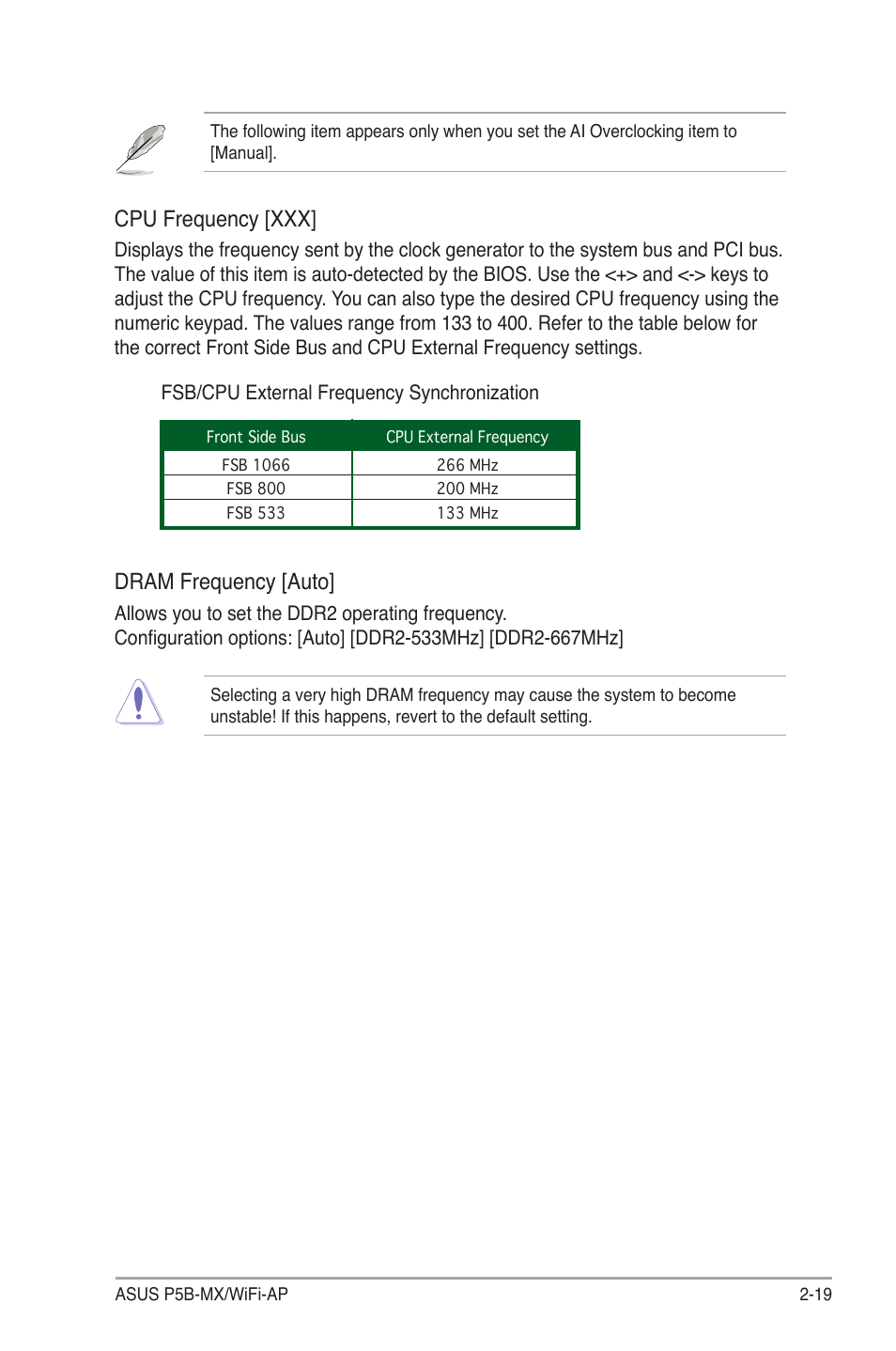 Dram frequency [auto, Cpu frequency [xxx | Asus P5B-MX/WIFI-AP User Manual | Page 69 / 94