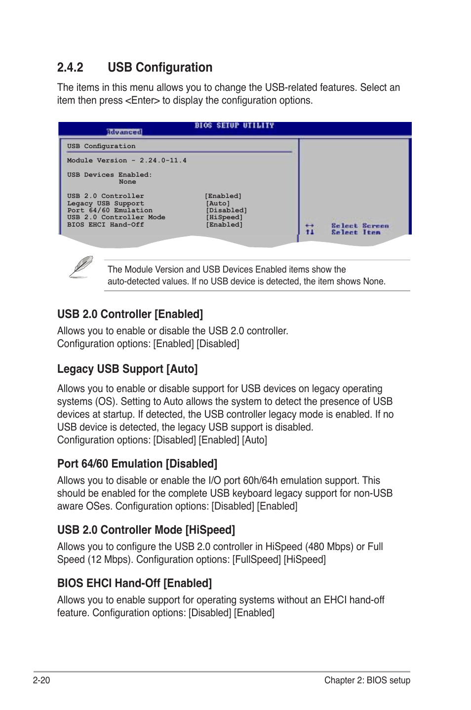 2 usb configuration, Usb 2.0 controller [enabled, Legacy usb support [auto | Port 64/60 emulation [disabled, Usb 2.0 controller mode [hispeed, Bios ehci hand-off [enabled | Asus P5B-MX/WIFI-AP User Manual | Page 70 / 94