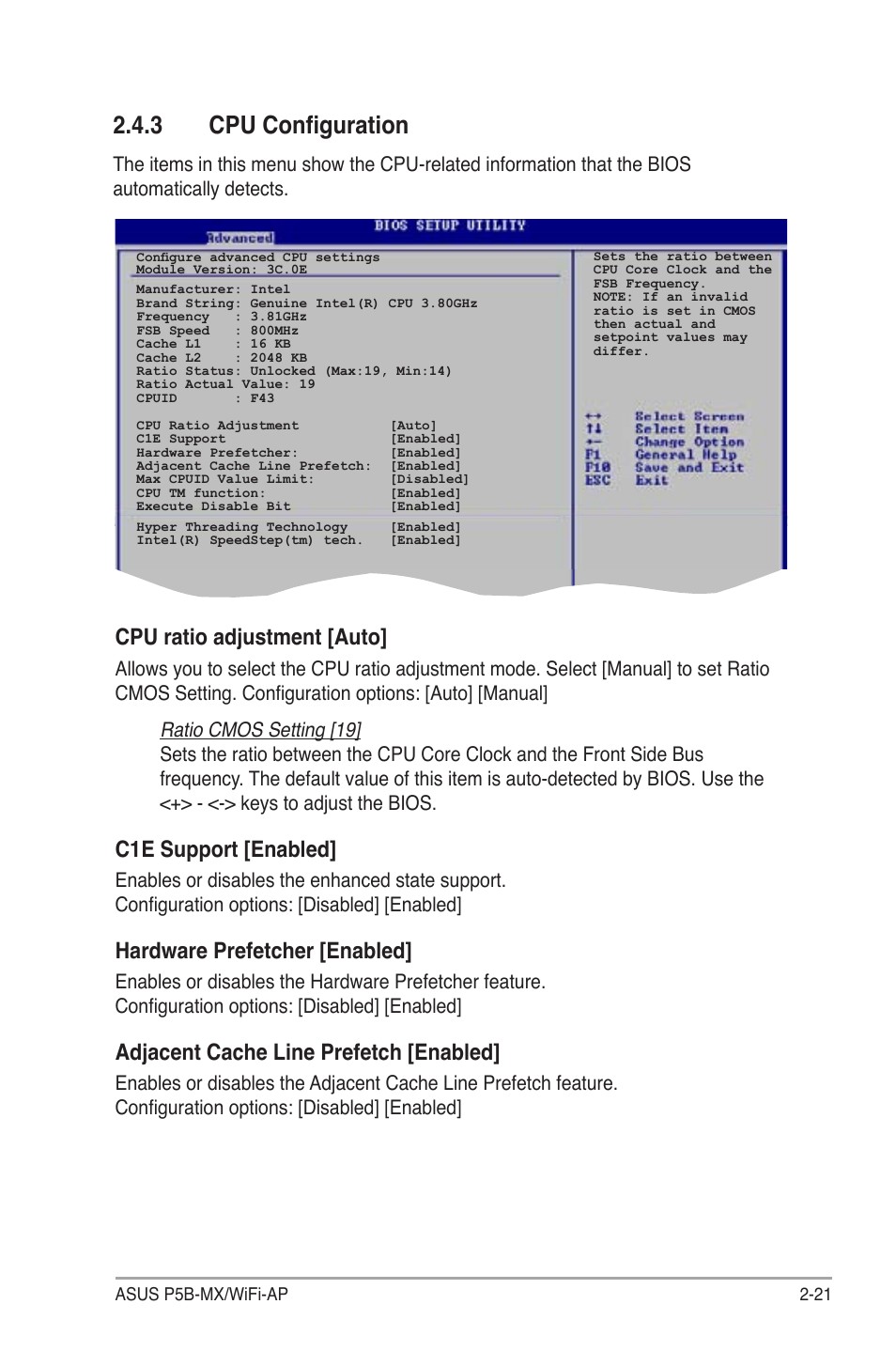 3 cpu configuration, Cpu ratio adjustment [auto, C1e support [enabled | Hardware prefetcher [enabled, Adjacent cache line prefetch [enabled | Asus P5B-MX/WIFI-AP User Manual | Page 71 / 94