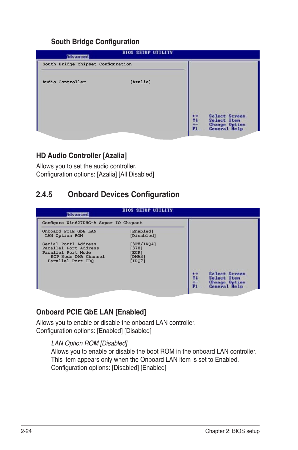 5 onboard devices configuration, South bridge configuration, Hd audio controller [azalia | Onboard pcie gbe lan [enabled | Asus P5B-MX/WIFI-AP User Manual | Page 74 / 94