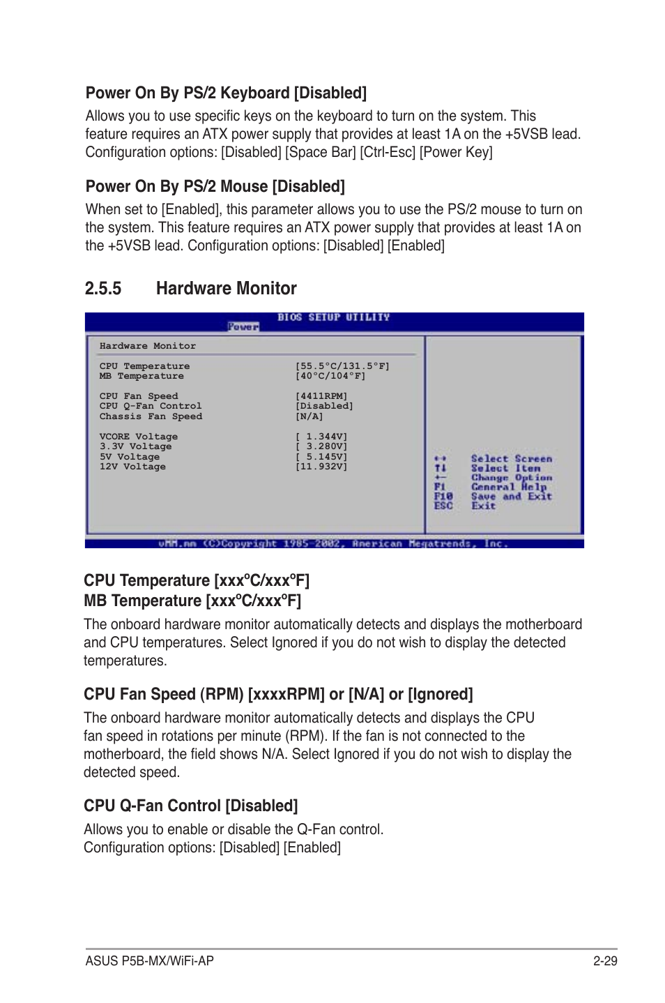 5 hardware monitor, Power on by ps/2 keyboard [disabled, Power on by ps/2 mouse [disabled | Cpu q-fan control [disabled | Asus P5B-MX/WIFI-AP User Manual | Page 79 / 94