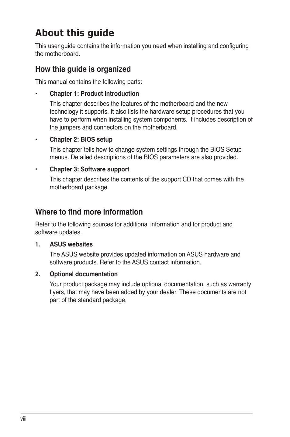 About this guide, How this guide is organized, Where to find more information | Asus P5B-MX/WIFI-AP User Manual | Page 8 / 94