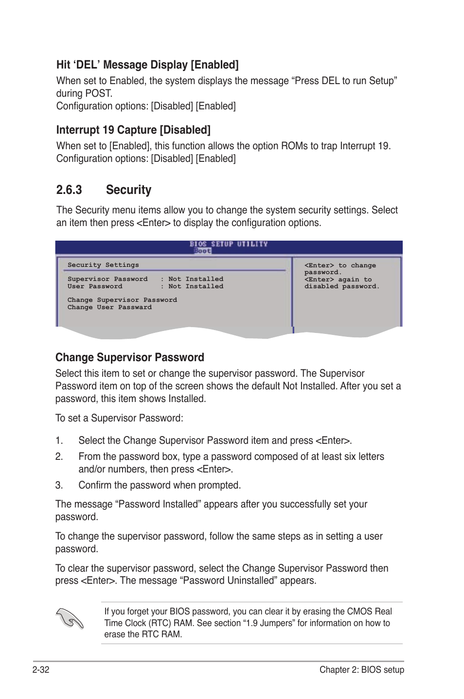 3 security, Hit ‘del’ message display [enabled, Interrupt 19 capture [disabled | Change supervisor password | Asus P5B-MX/WIFI-AP User Manual | Page 82 / 94