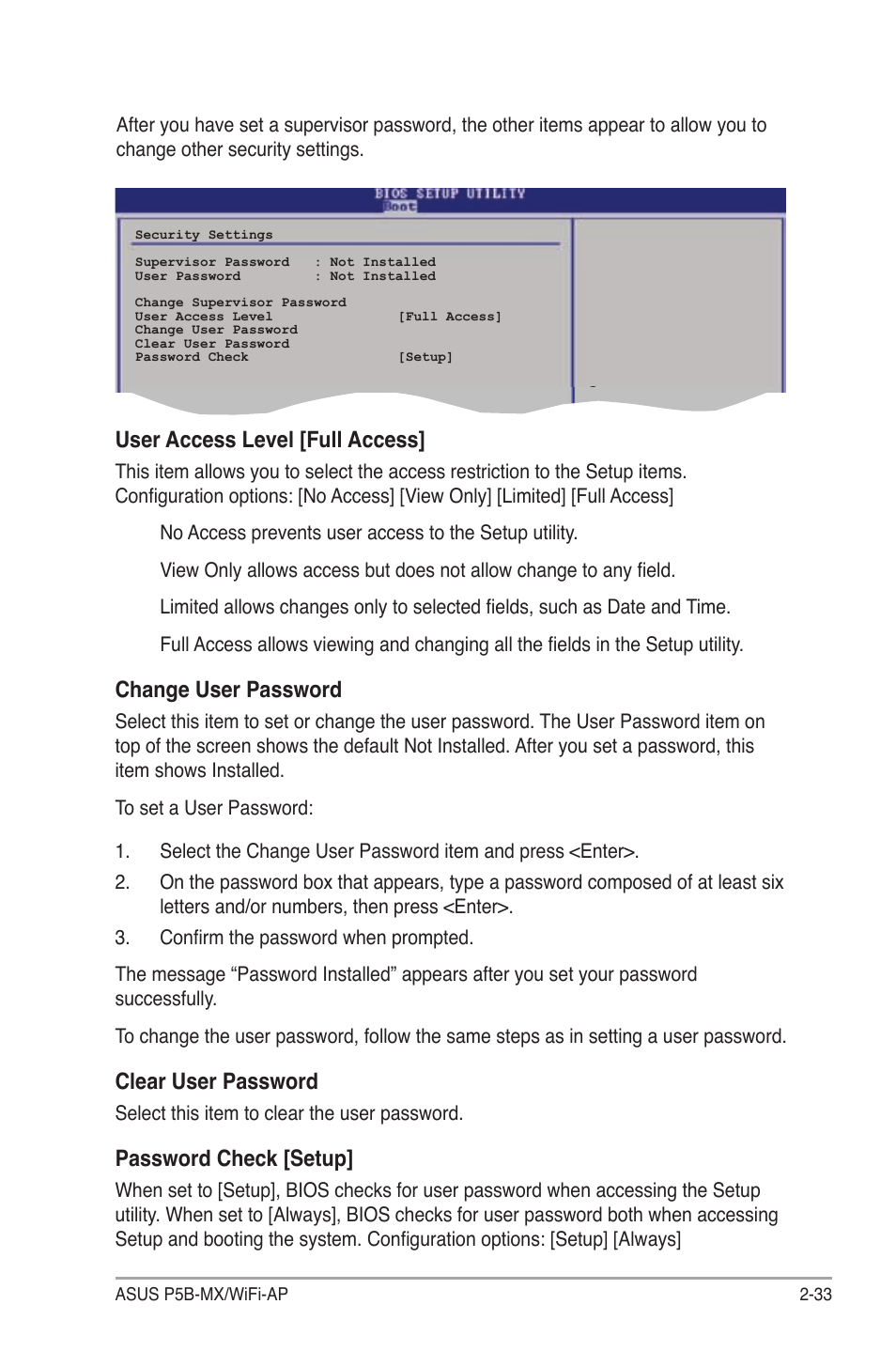 User access level [full access, Change user password, Clear user password | Password check [setup | Asus P5B-MX/WIFI-AP User Manual | Page 83 / 94